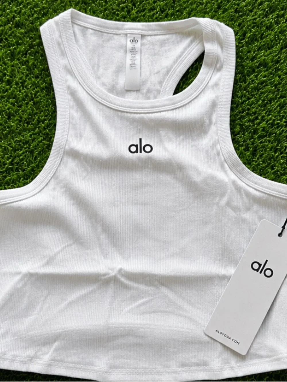 ALO Yoga White Ribbed Racerback Crop Top